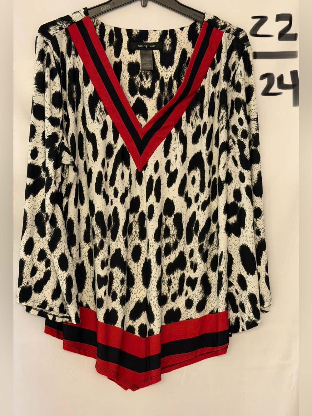 Ashley Stewart Black and White Leopard V‑Neck Tunic with Red Trim